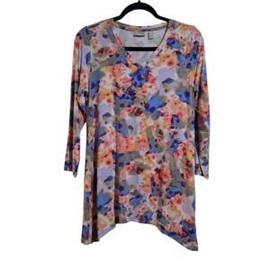 LOGO by Lori Goldstein Women's Floral Top Small Stretch Jersey Pockets Asymmetri